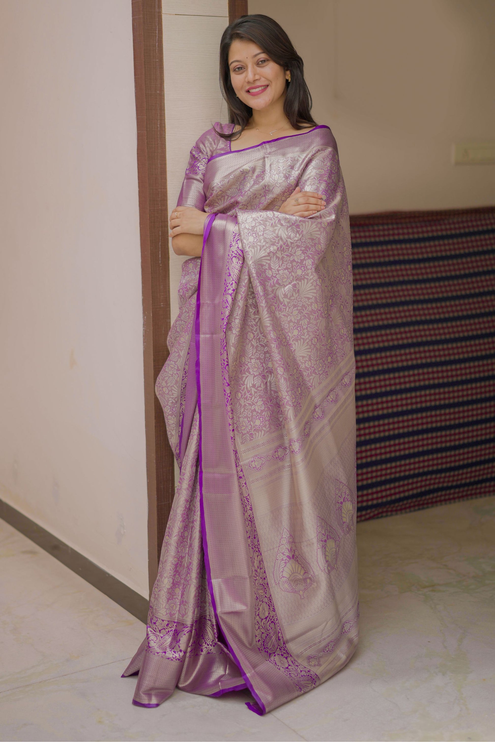 Lavender Banarasi Silk Saree with Silver Zari Floral Weaving Saree 