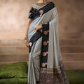 Grey Silk Saree with Black Contrast Border Rich Zari