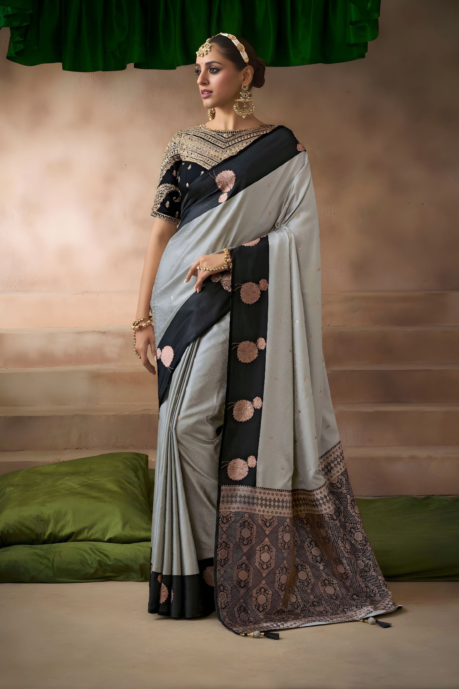 Grey Silk Saree with Black Contrast Border Rich Zari