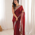 Luxury Wine Red Organza Saree with Designer Embroidered Border