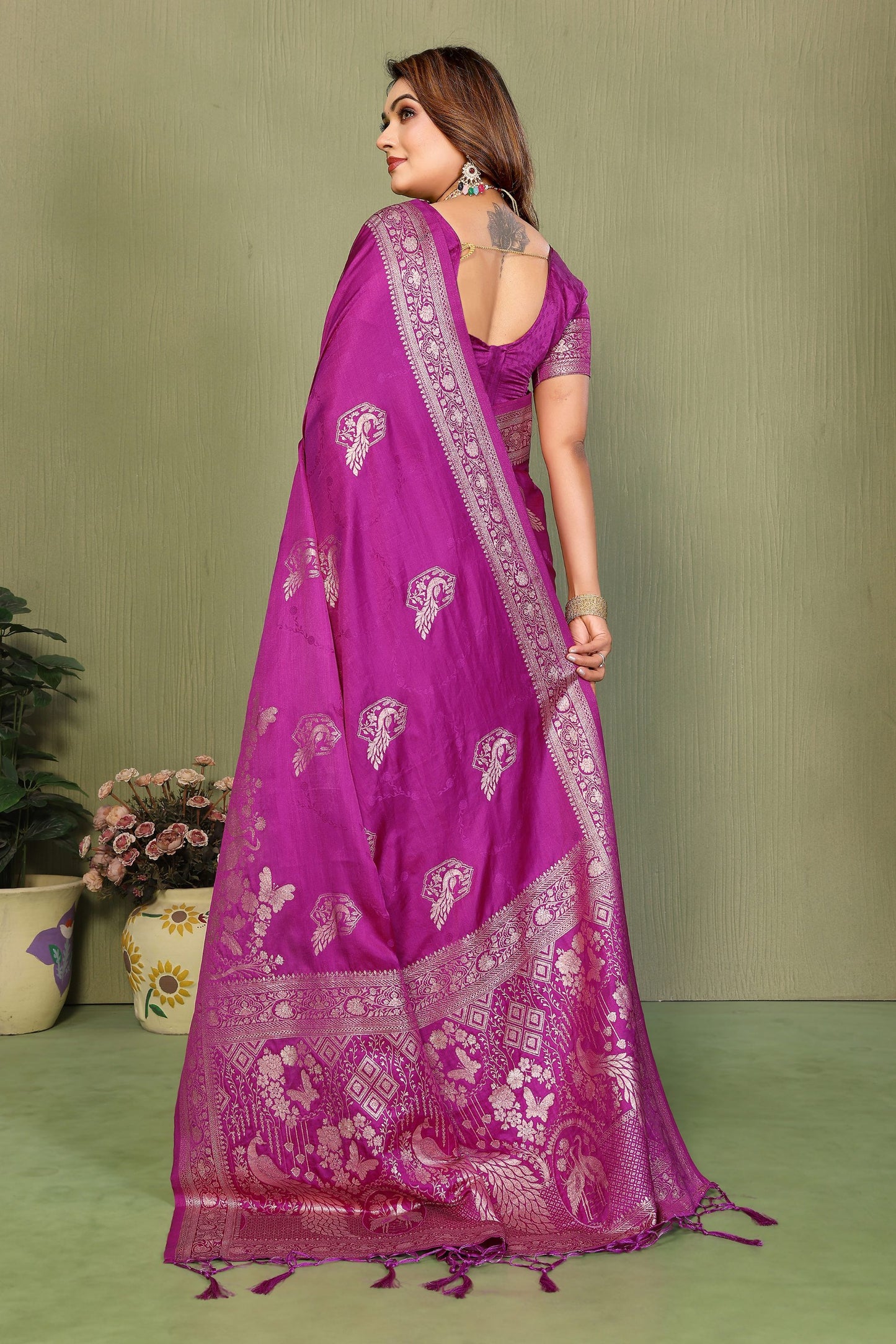 Rani Pink Banarasi Silk Saree Silver Zari Peacock Weaving Saree