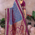 Blue Silk Saree with Wine Purple Zari Woven Border Designer Pallu