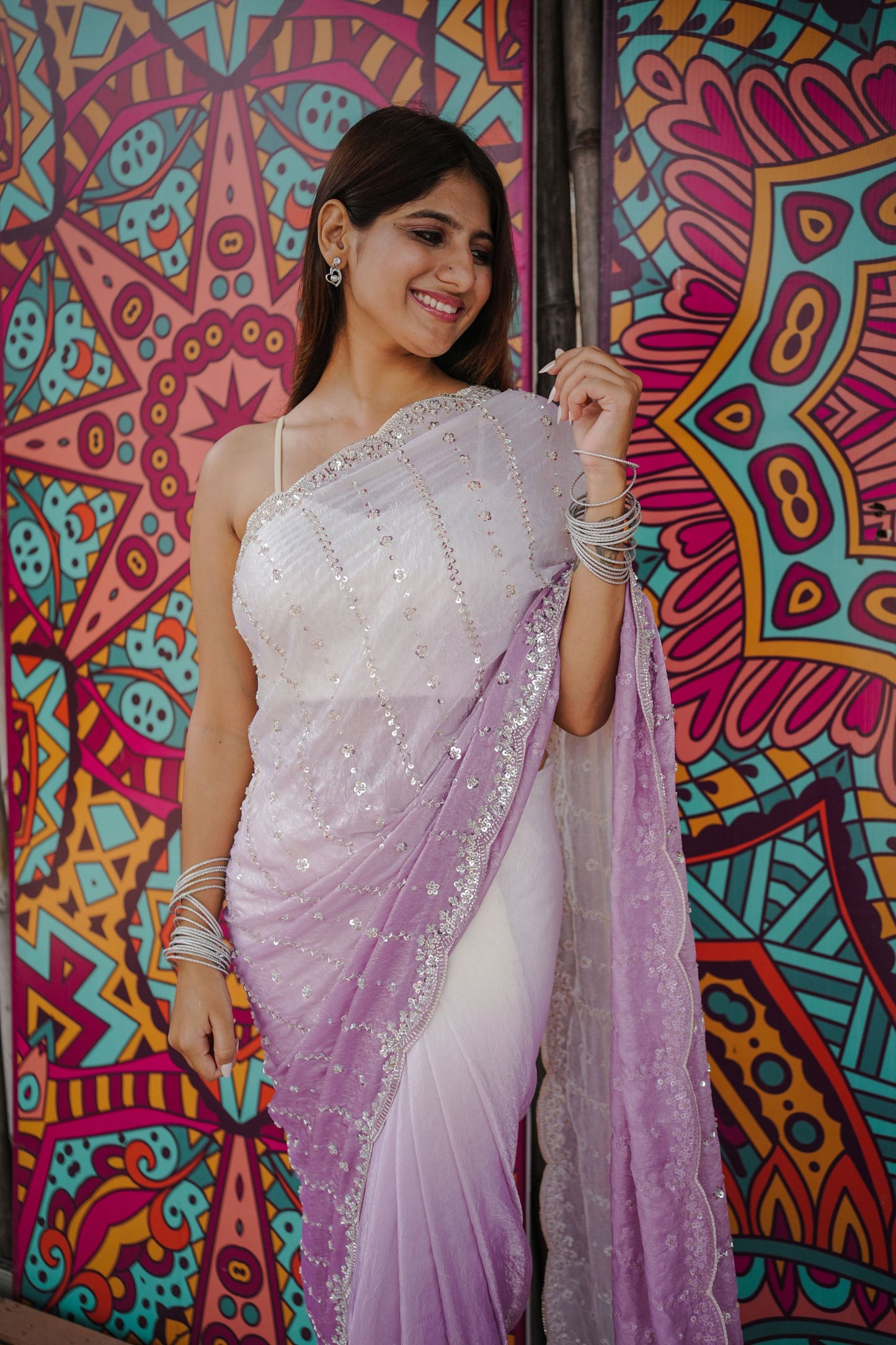 Lavender White Ombre Saree Sequin Designer Border Party Wear Saree