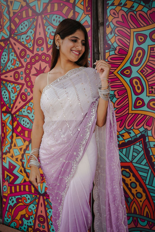 Lavender White Ombre Saree Sequin Designer Border Party Wear Saree