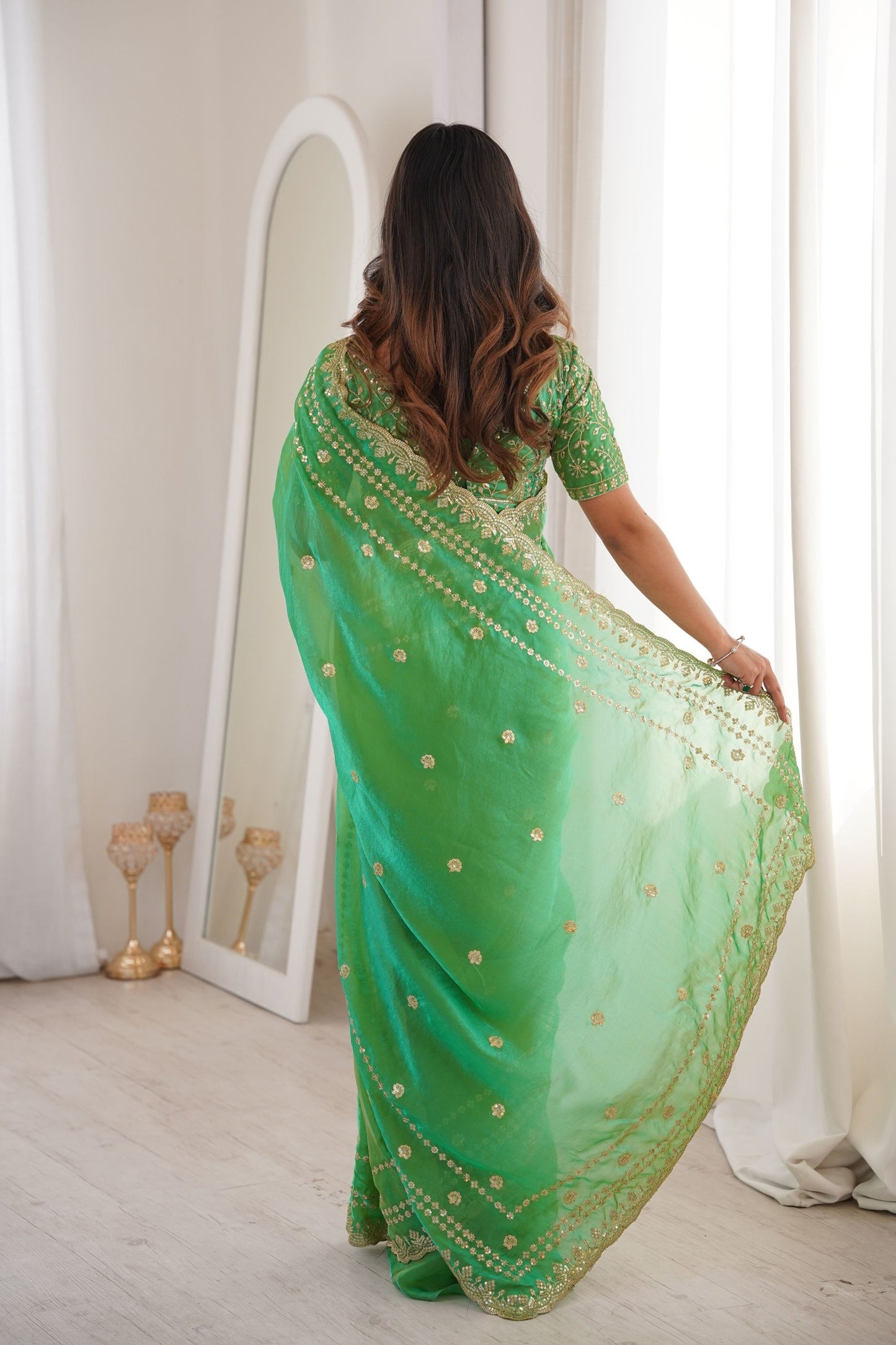 Luxury Parrot Green Organza Silk Saree with Golden Embroidered Border