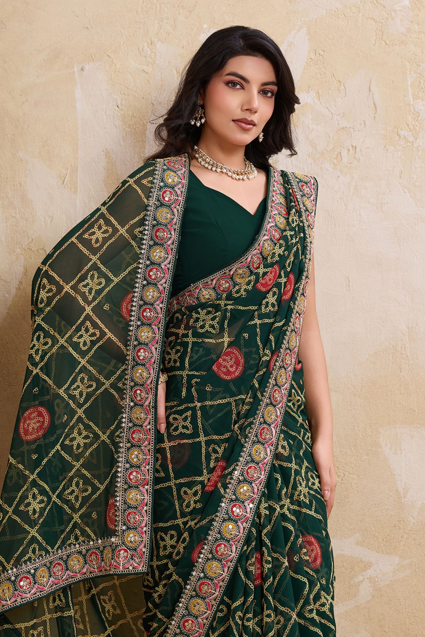 Dark Green Printed Saree Traditional Motif Design Decorative Border