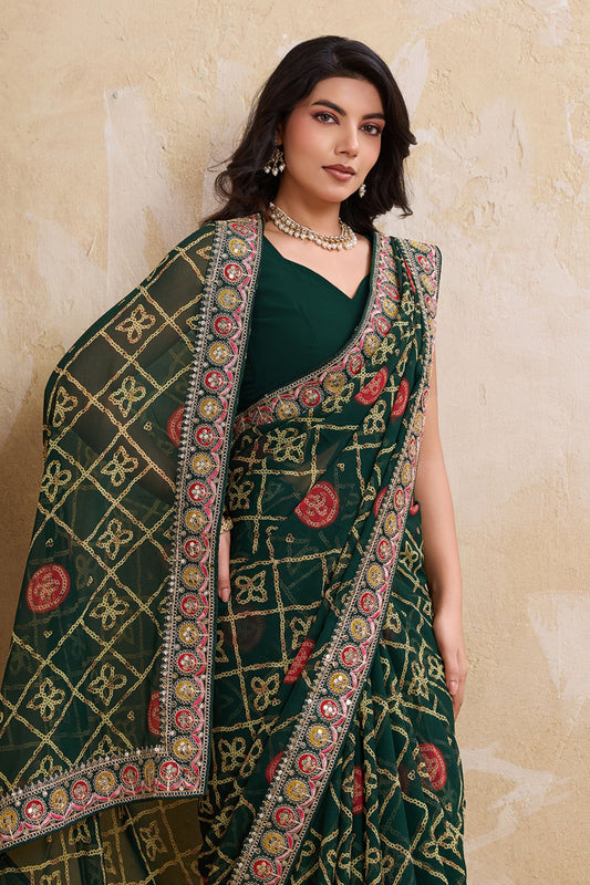 Dark Green Printed Saree Traditional Motif Design Decorative Border
