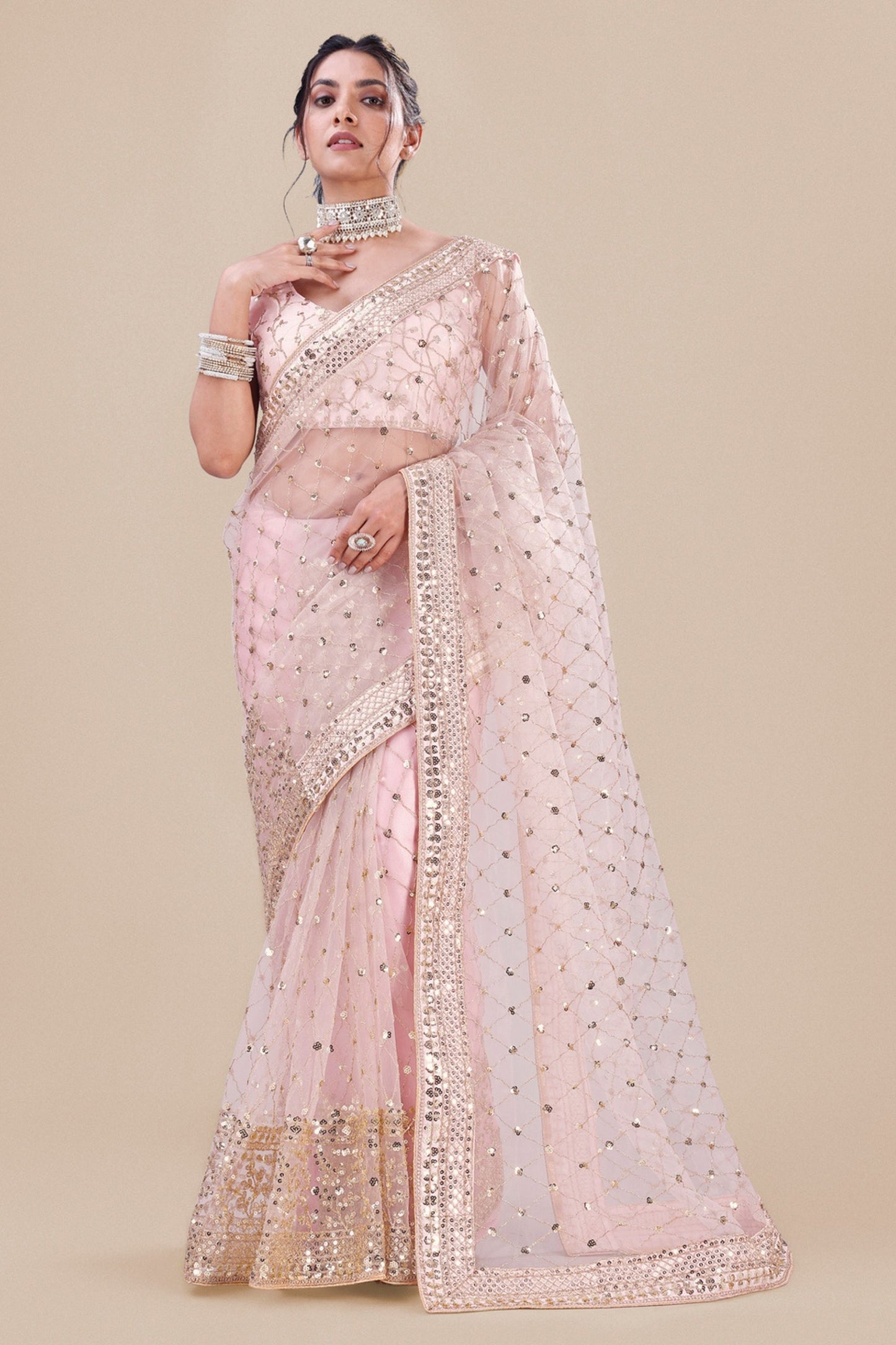 Pink Net Saree Heavy Sequins Embroidery Work Designer Blouse