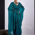 Teal Green Organza Saree Black Floral Embroidery Designer Saree