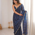 Royal Navy Blue Organza Silk Saree Golden Zari Embroidery Designer Blouse