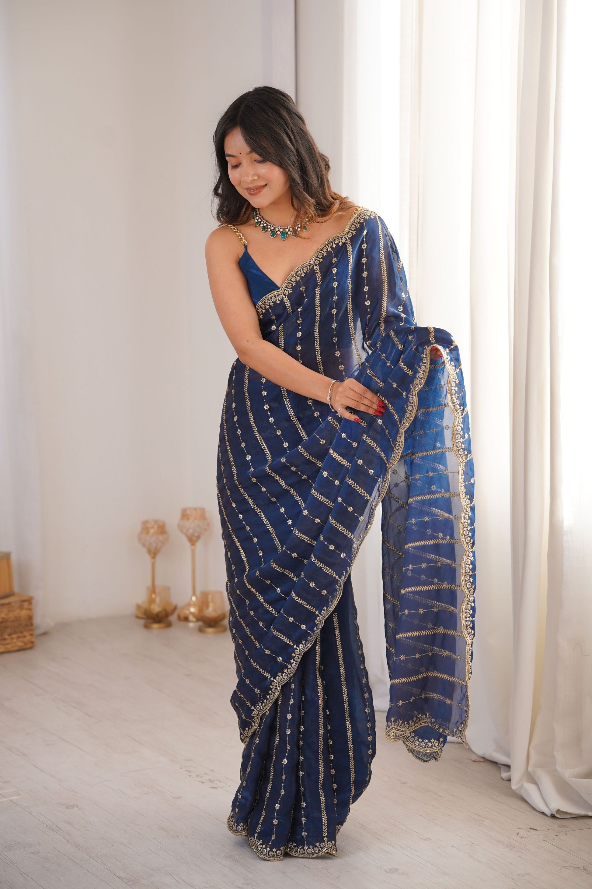 Royal Navy Blue Organza Silk Saree Golden Zari Embroidery Designer Blouse