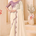 Cream Embroidered Designer Saree with Lavender Blouse