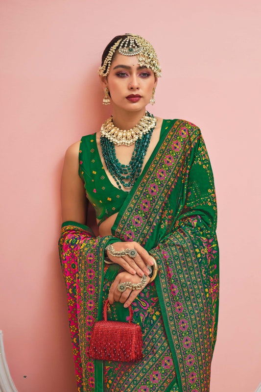 Elegant Green Patola Printed Silk Saree Matching Blouse Festive Wear