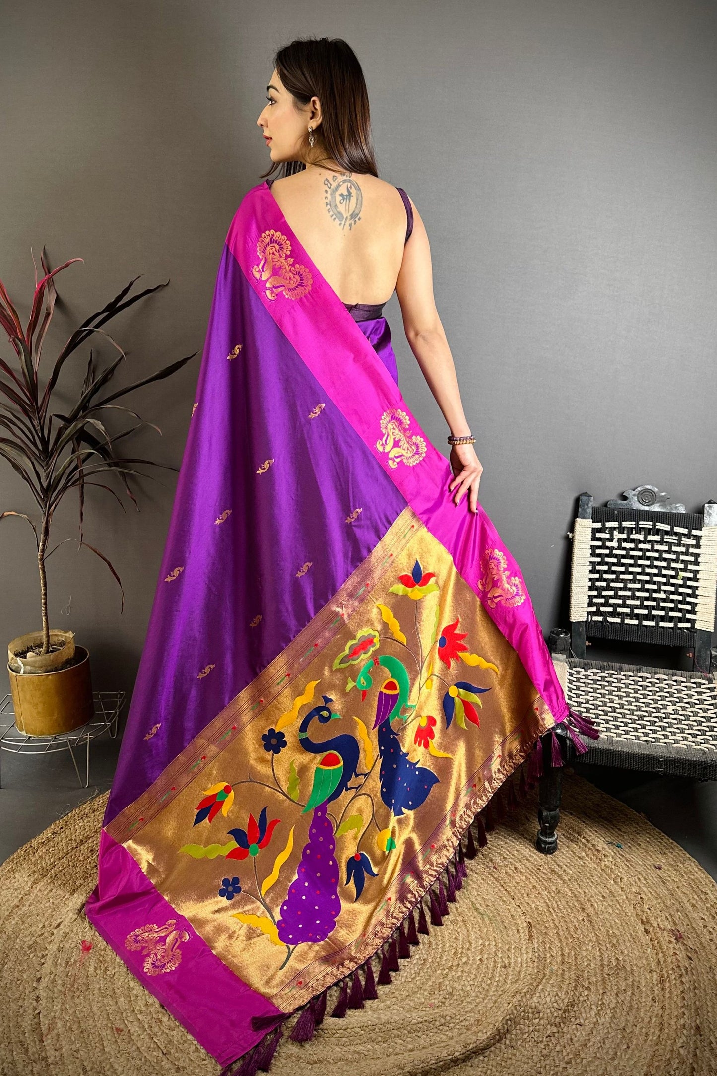 Royal Purple Soft Silk Saree with Pink Border and Designer Pallu