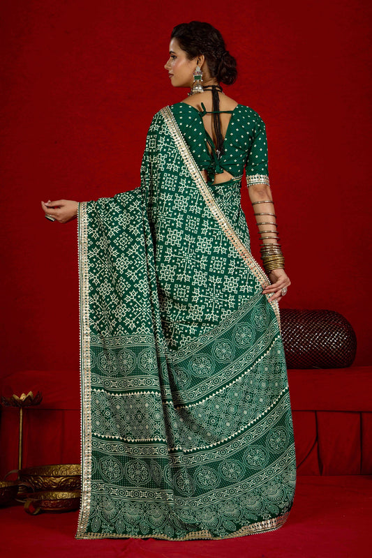 Green Bandhani Print Georgette Saree with Golden Border Festive Wear
