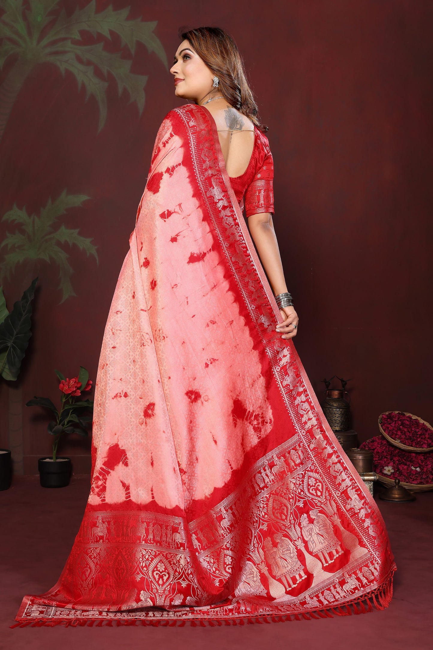 Red Banarasi Silk Saree Zari Border Traditional Weaving Saree