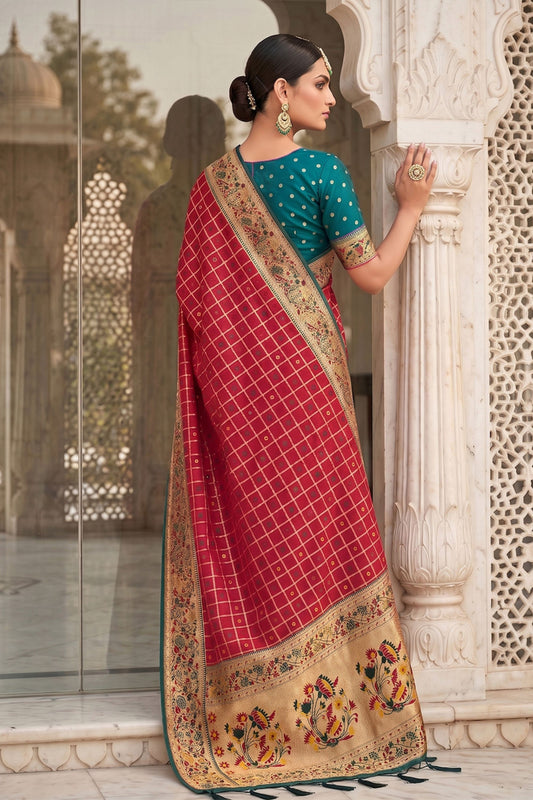 Rani Pink Paithani Silk Saree Rich Zari Floral Border Peacock Pallu