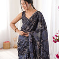 Black Floral Digital Printed Linen Saree with Designer Lace Border