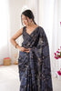 Black Floral Digital Printed Linen Saree with Designer Lace Border