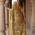Mustard Printed Linen Silk Saree with Floral Design