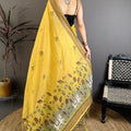 Mustard Yellow Linen Cotton Saree Floral Print Pallu