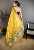 Mustard Yellow Linen Cotton Saree Floral Print Pallu