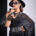 Black Organza Silk Saree with Floral Embroidery Designer Saree