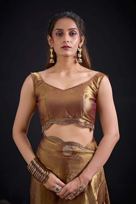 Bronze Gold Tissue Silk Saree with Zari Polka Butti Work