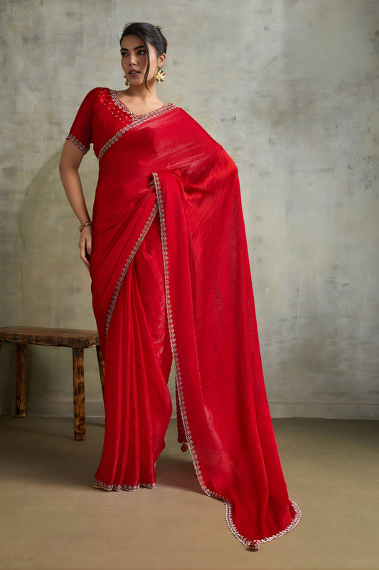 Red Chiffon Saree with Zari Border Embroidered Blouse