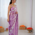Lavender Soft Silk Saree with Silver Floral Embroidery Border Matching Blouse