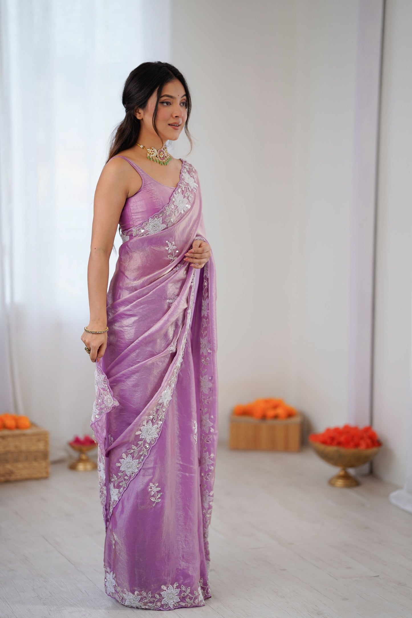 Lavender Soft Silk Saree with Silver Floral Embroidery Border Matching Blouse