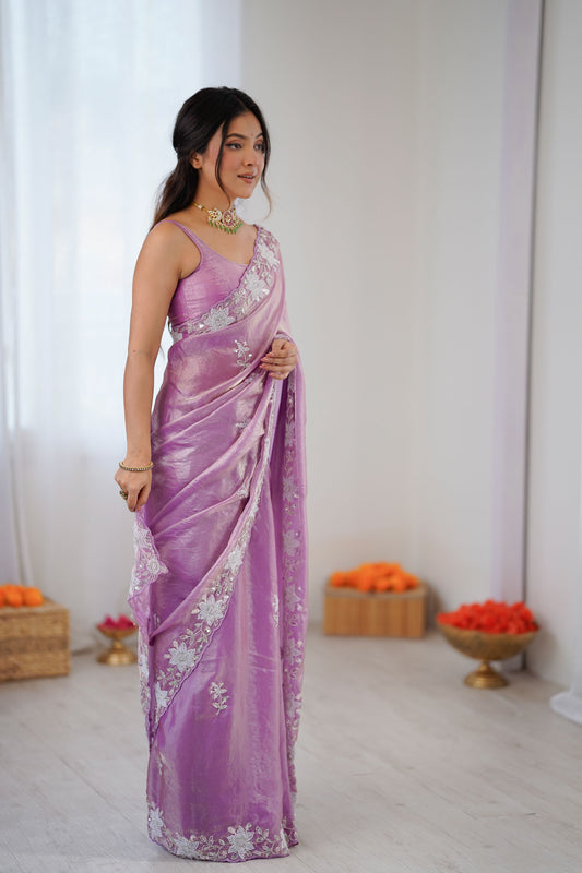 Lavender Soft Silk Saree with Silver Floral Embroidery Border Matching Blouse