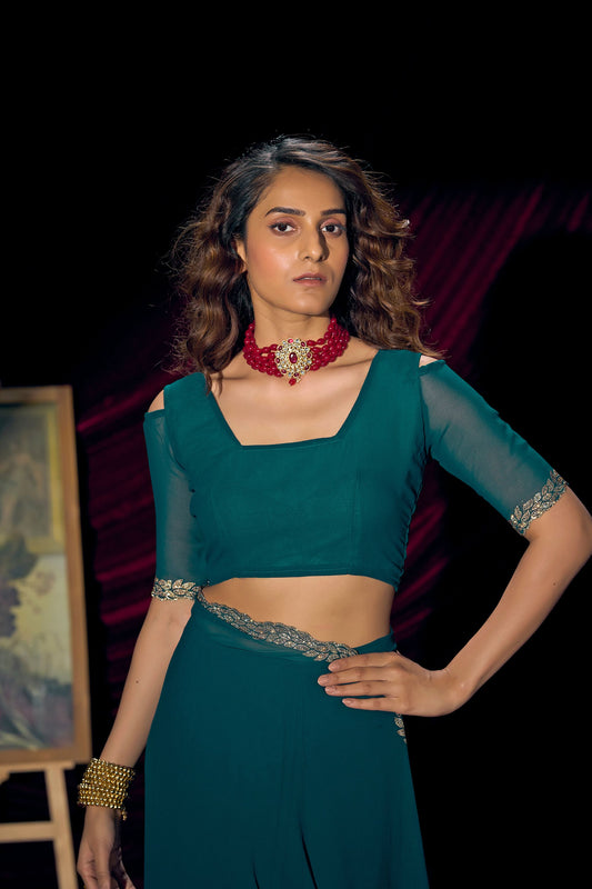 Teal Green Georgette Saree with Embroidered Border Designer Saree