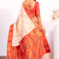 Off White Paithani Silk Saree with Coral Orange Zari Border and Traditional