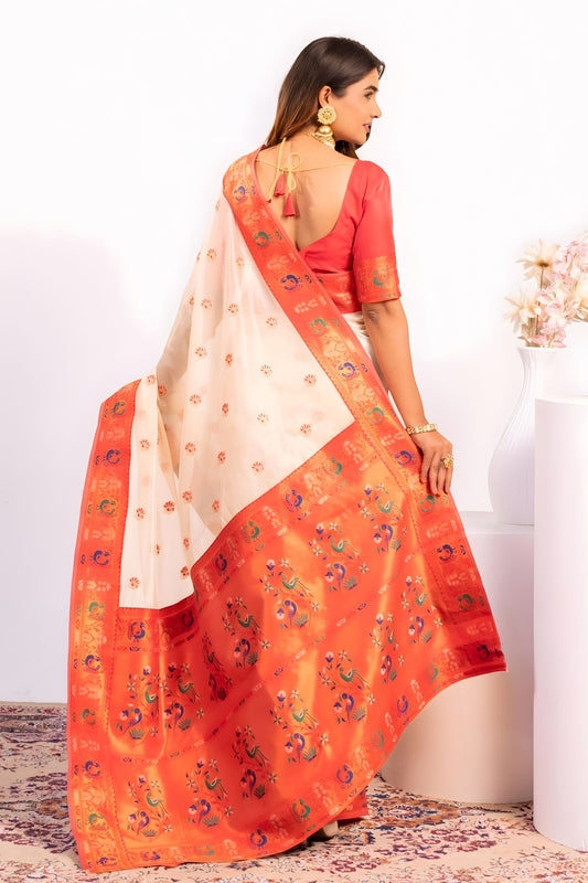 Off White Paithani Silk Saree with Coral Orange Zari Border and Traditional