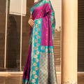 Magenta Silk Saree with Teal Green Contrast Border Floral Zari Work