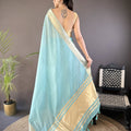 Sky Blue Linen Silk Saree with Golden Zari Border Tassel Pallu
