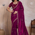 Wine Magenta Silk Saree Golden Zari Embroidery Border Matching Blouse