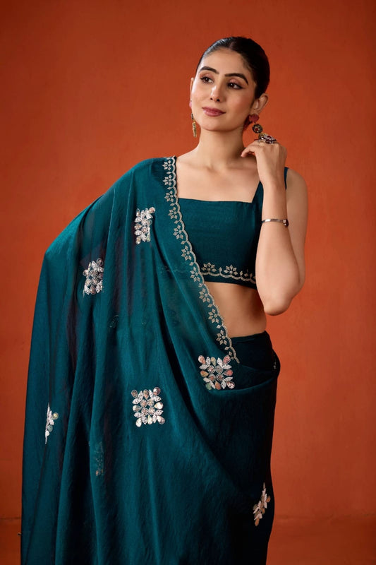 Dark Teal Embroidered Georgette Saree Floral Motifs Designer Border