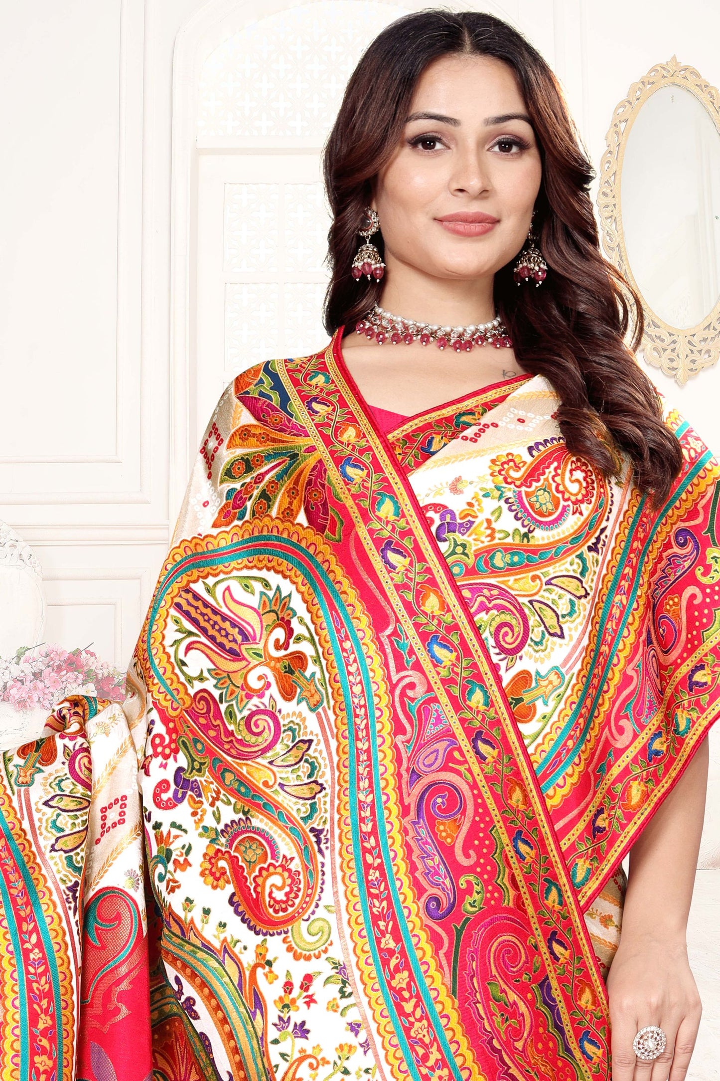 White Multicolor Printed Saree with Paisley Design Saree