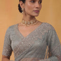 Dusty Blue Net Saree Heavy Silver Embroidered Border Designer Blouse