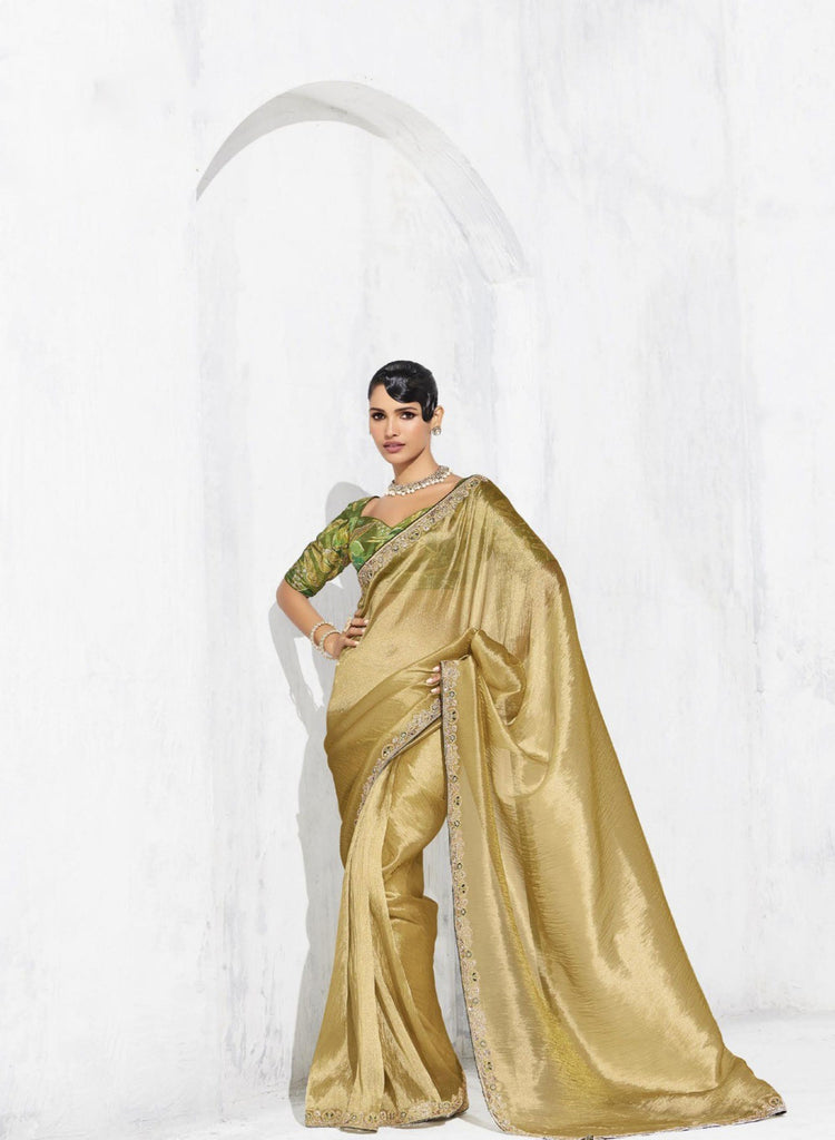 Golden Silk Saree Border Green Designer Blouse Elegant Party Wear
