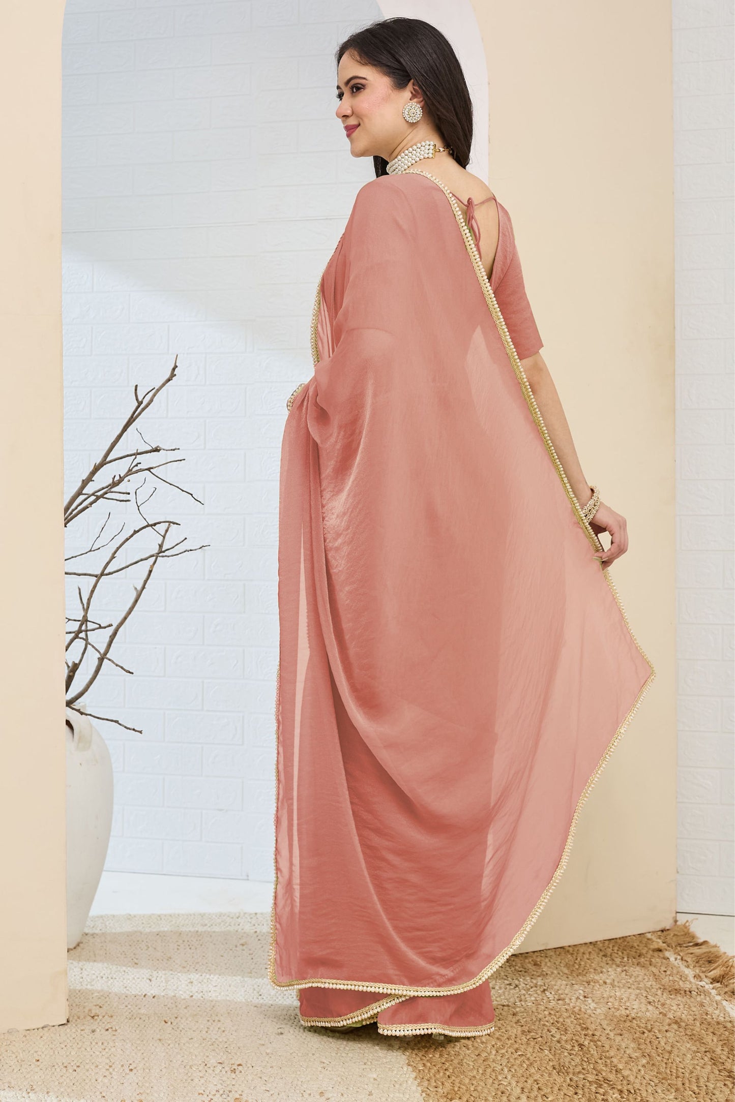 Dusty Rose Designer Saree Pearl Lace Border Ready To Wear