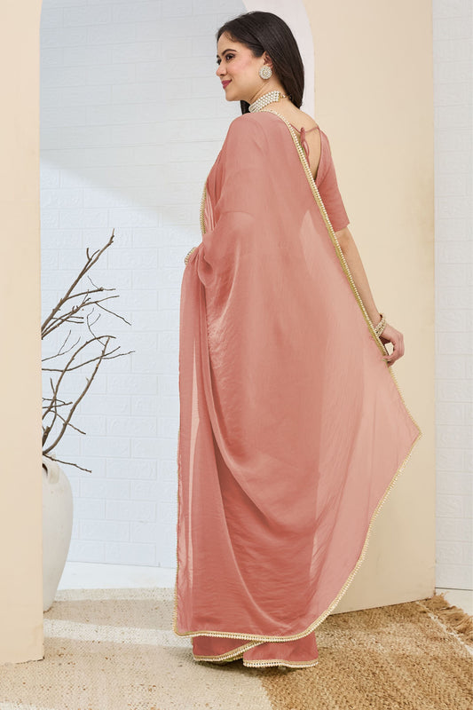 Dusty Rose Designer Saree Pearl Lace Border Ready To Wear