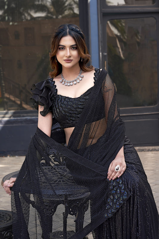 Elegant Black Sequin Designer Blouse Party Wear Saree