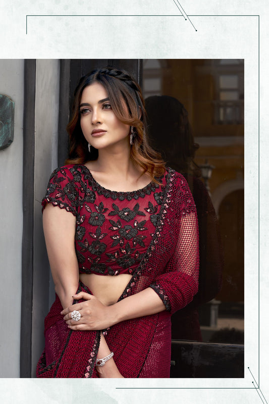 Wine Red Sequin Saree Designer Blouse Party Wear Saree