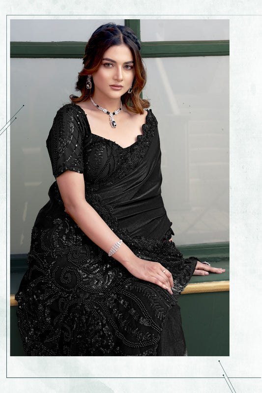 Elegant Black Saree Designer Blouse Party Wear Saree