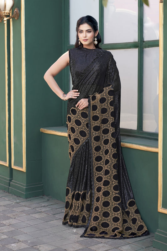 Designer Black Saree Golden Border and Blouse Party Wear 