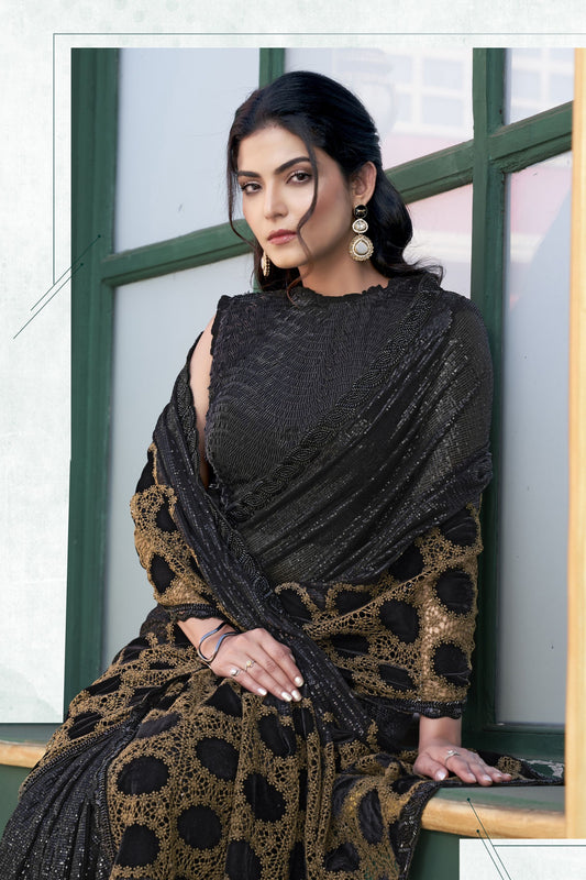 Designer Black Saree Golden Border and Blouse Party Wear