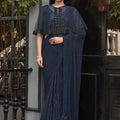 Designer Navy Blue Cape Style Blouse Party Wear Saree